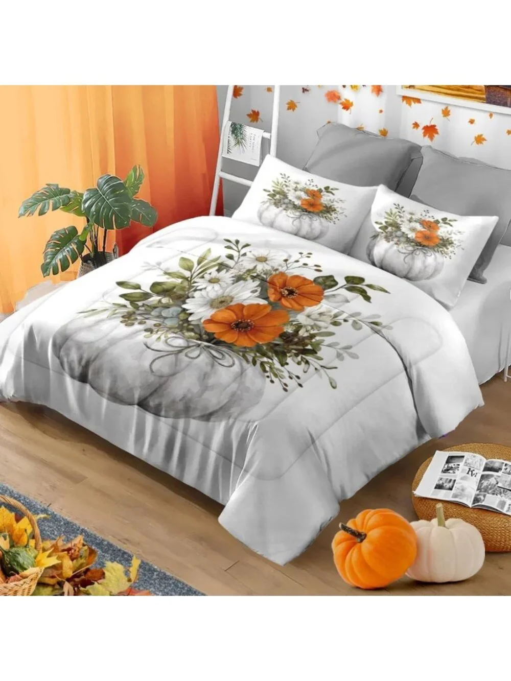 Cozy Queen Fall Comforter Set - 3 Piece Rustic Pumpkin Bedding for Autumn Decor